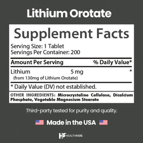 Étiquette du flacon de lithium orotate Healthfare avec ingrédients et dosage