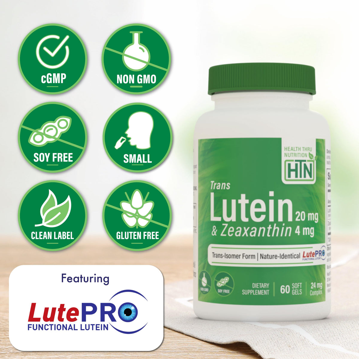 Étiquette du flacon de Lutein 20mg et Zeaxanthin 4mg