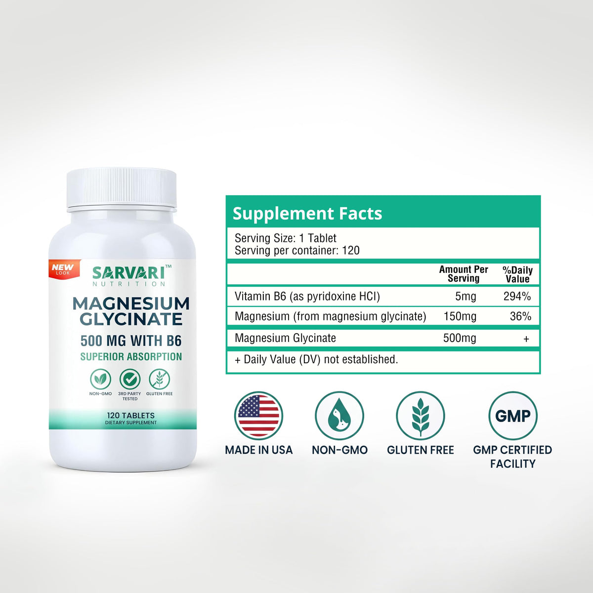 Étiquette du flacon de magnésium glycinate 500mg Sarvari Nutrition