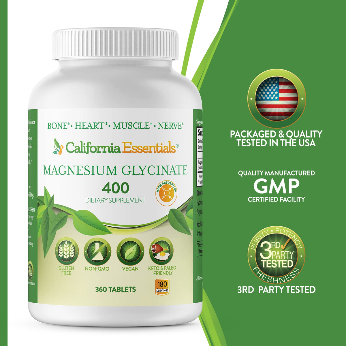 Étiquette du flacon de Magnésium Glycinate California Essentials