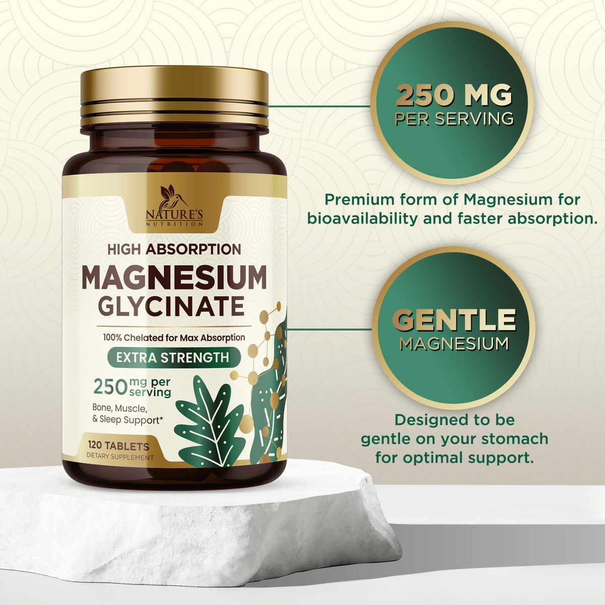 Étiquette du flacon de magnésium glycinate Nature's Nutrition, ingrédients et dosage