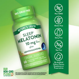 Étiquette du flacon de Melatonin 10mg avec Ashwagandha, Nature's Truth