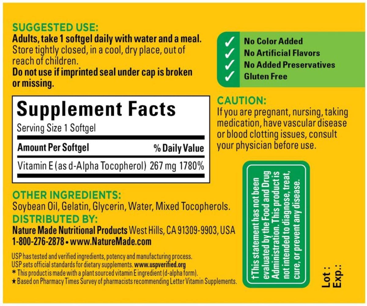 Étiquette du flacon de Nature Made Vitamine E 400 IU