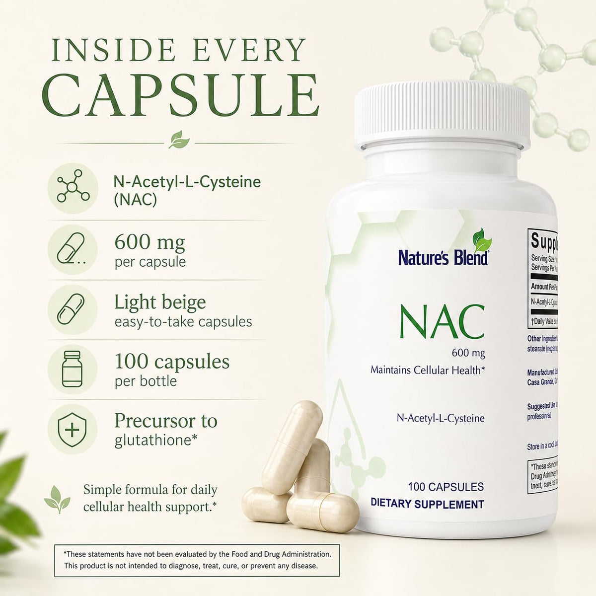 Étiquette du flacon de Nature's Blend NAC 600 mg
