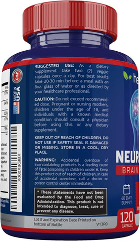 Étiquette du flacon de Neuro Plus montrant la composition et les bénéfices