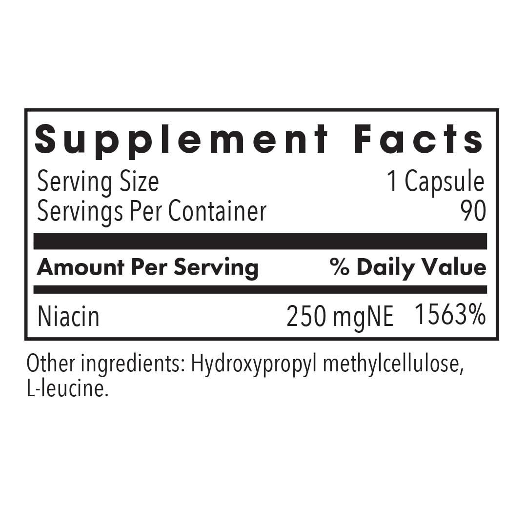Étiquette du flacon de Niacine 250 mg avec informations nutritionnelles