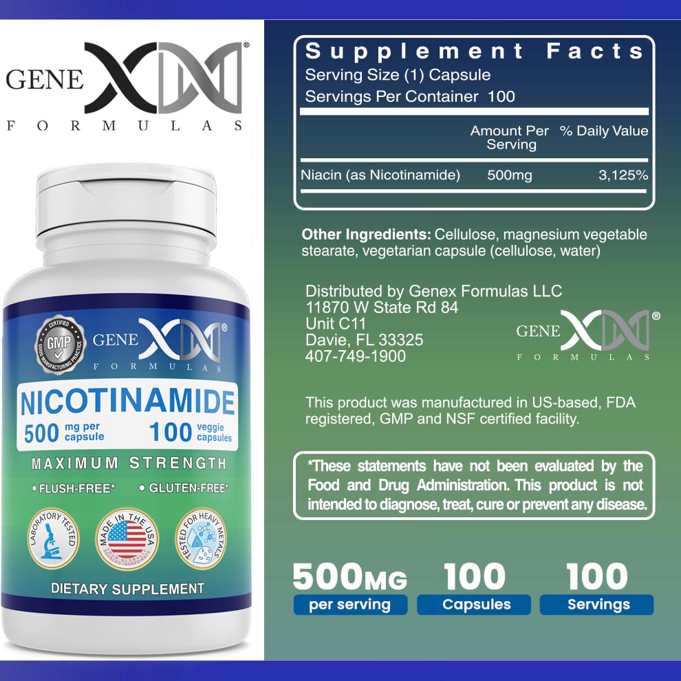 Étiquette du flacon de Nicotinamide 500mg Genex Formulas