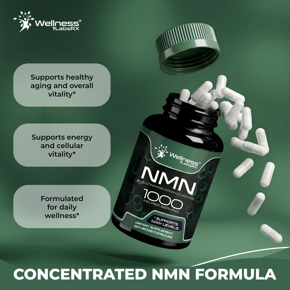 Étiquette du flacon de NMN 1000mg avec informations de dosage