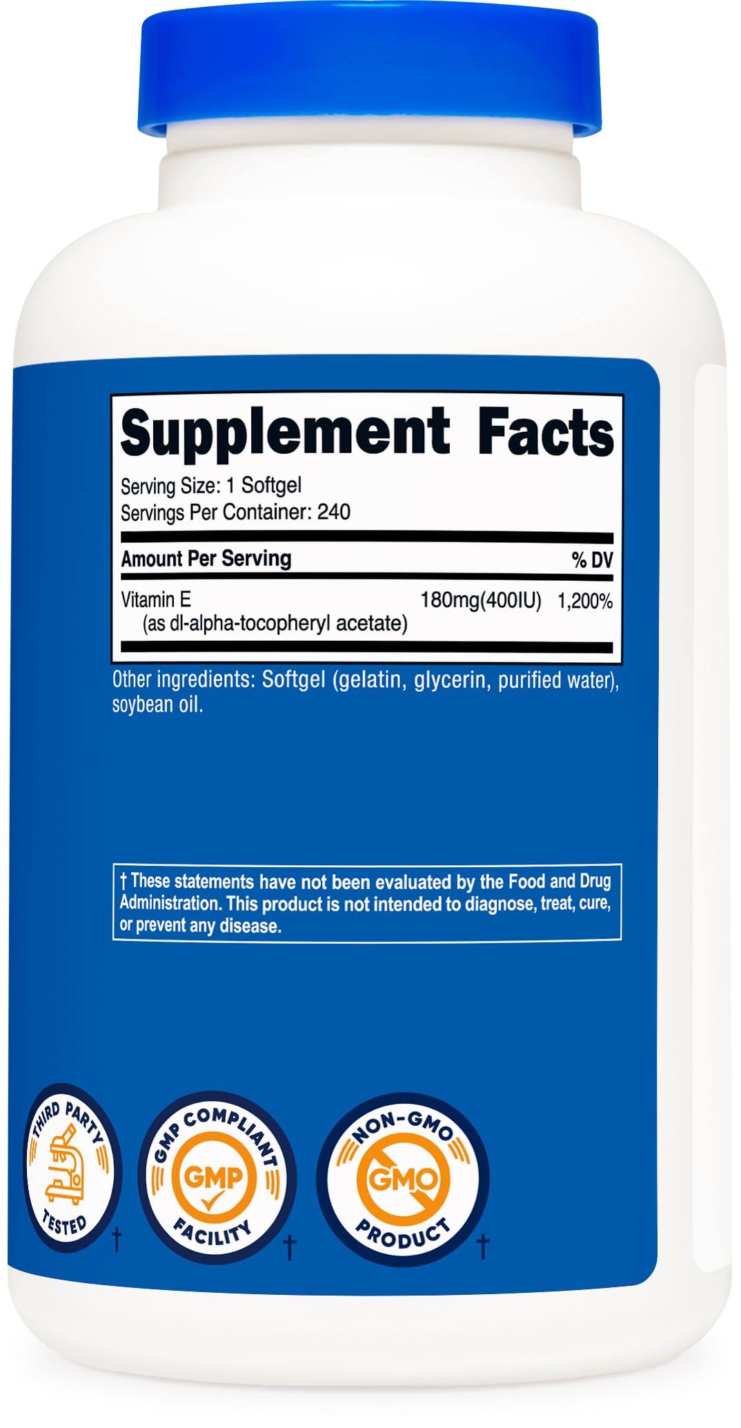 Étiquette du flacon de Nutricost Vitamine E 400 IU