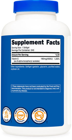 Étiquette du flacon de Nutricost Vitamine E 400 IU