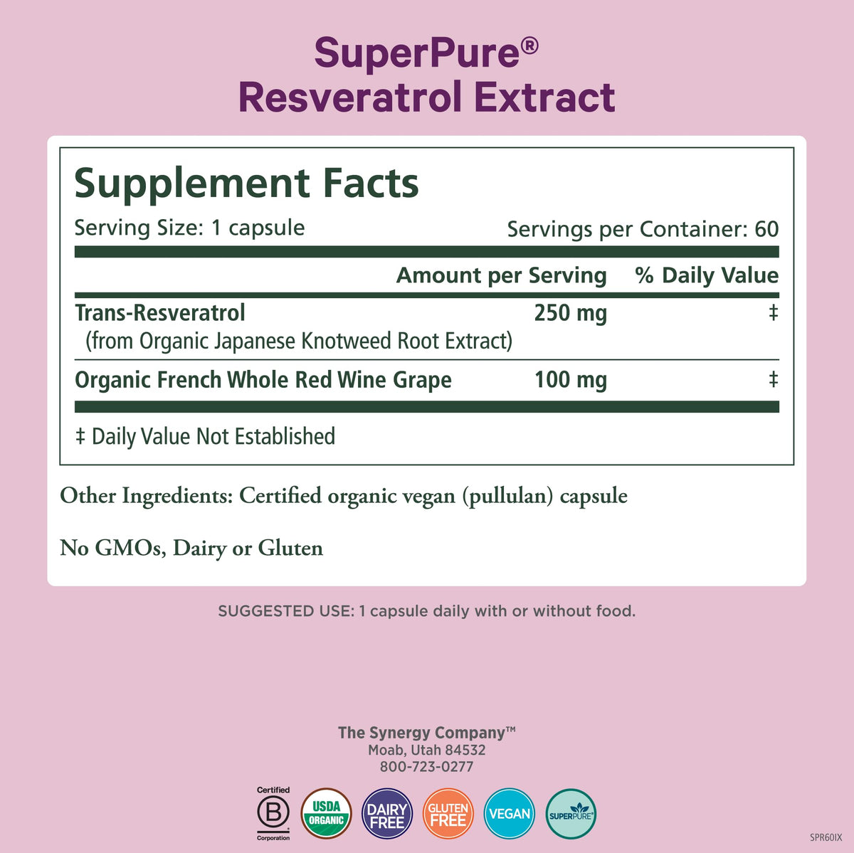 Étiquette du flacon de PURE SYNERGY SuperPure Resvératrol