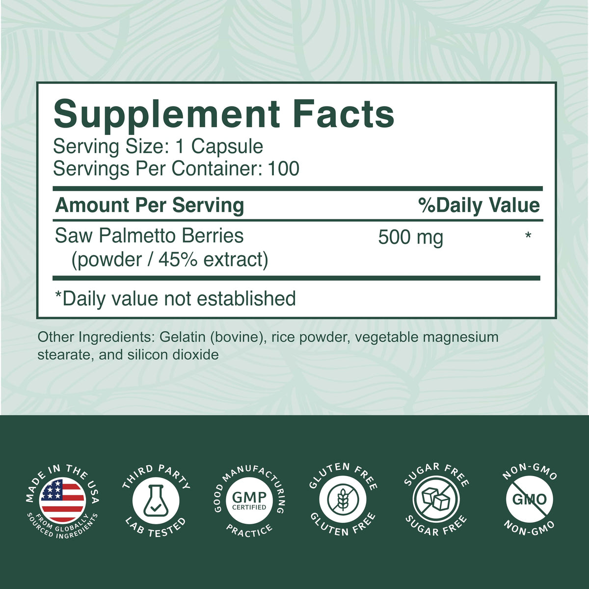 Étiquette du flacon de PurePremium Saw Palmetto 500mg
