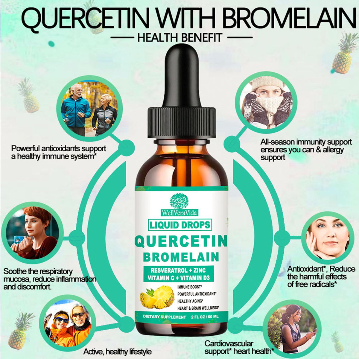 Étiquette du flacon de Quercétine avec Bromélaïne, ingrédients et dosage