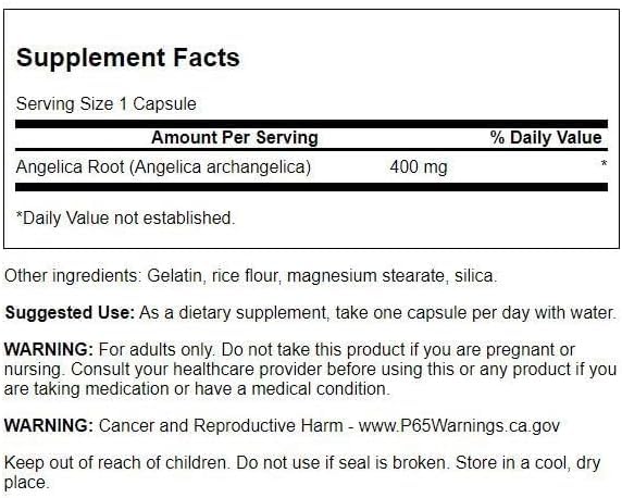 Étiquette du flacon de racine d'angélique Swanson 400 mg