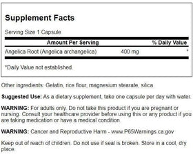 Étiquette du flacon de racine d'angélique Swanson 400 mg