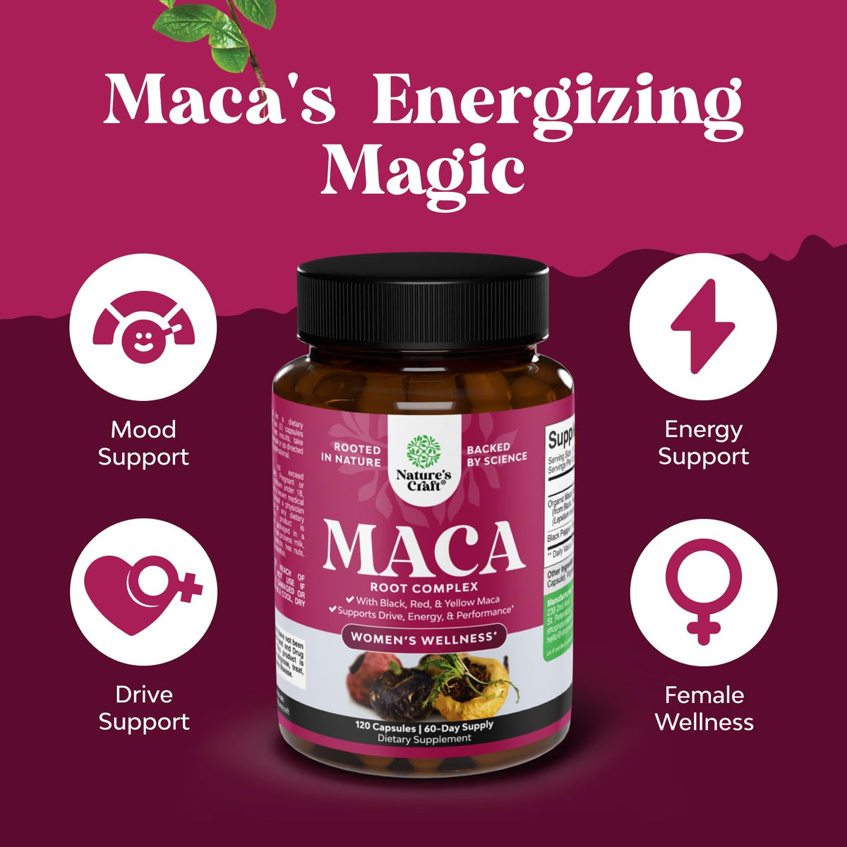 Étiquette du flacon de racine de maca Natures Craft