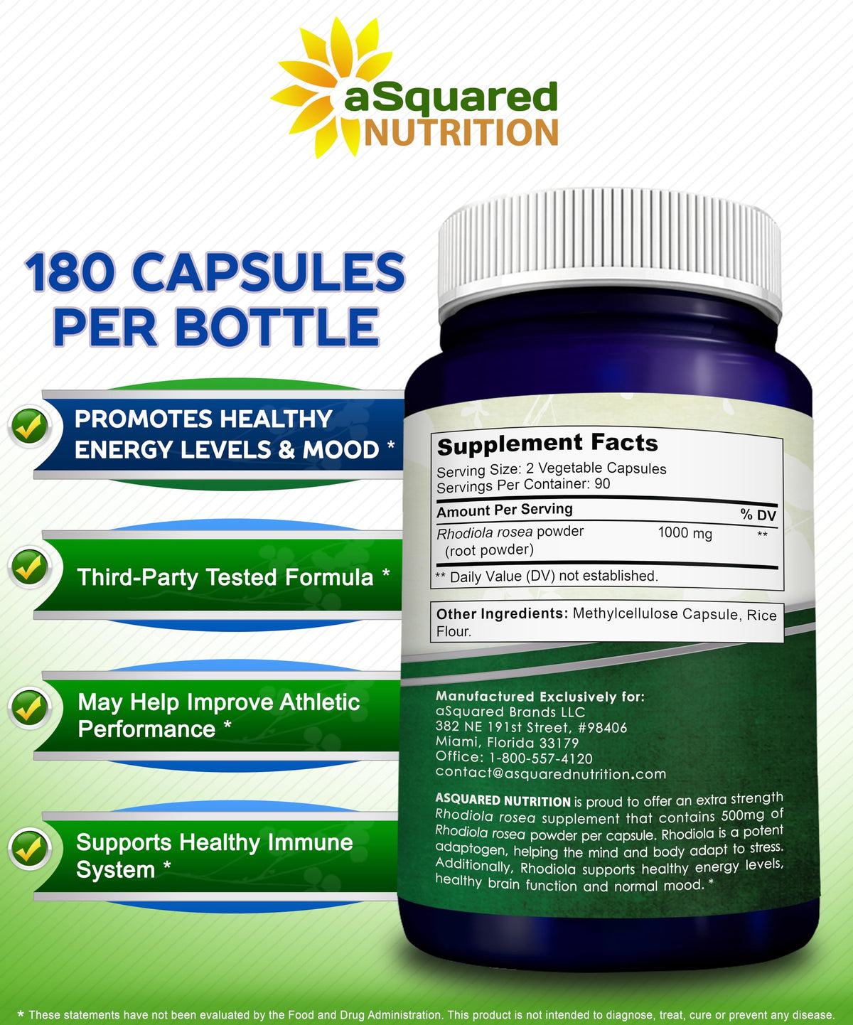 Étiquette du flacon de Rhodiola Rosea 1000mg aSquared Nutrition