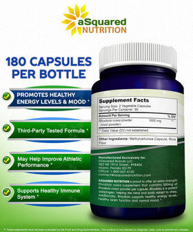 Étiquette du flacon de Rhodiola Rosea 1000mg aSquared Nutrition