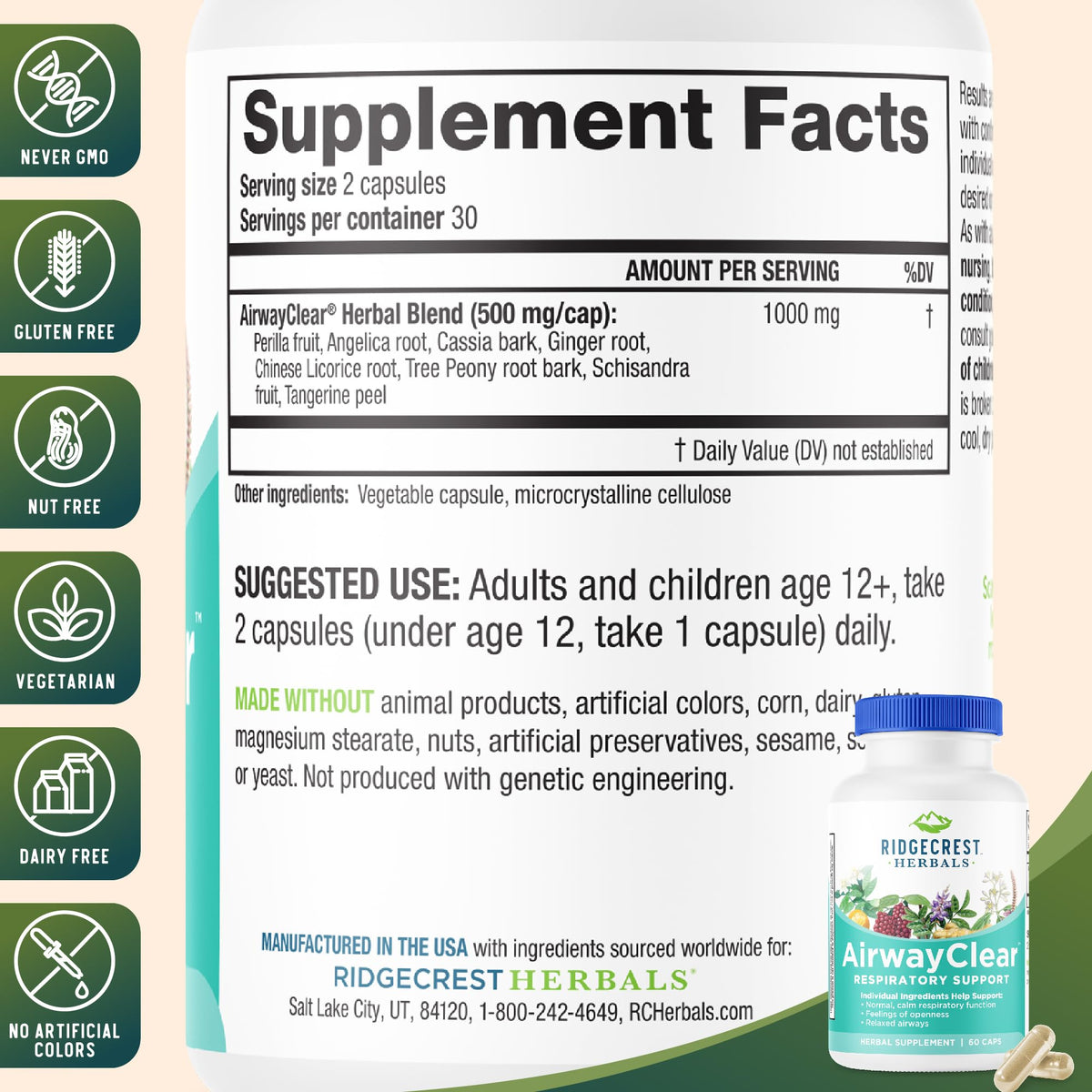 Étiquette du flacon de RidgeCrest Herbals AirwayClear