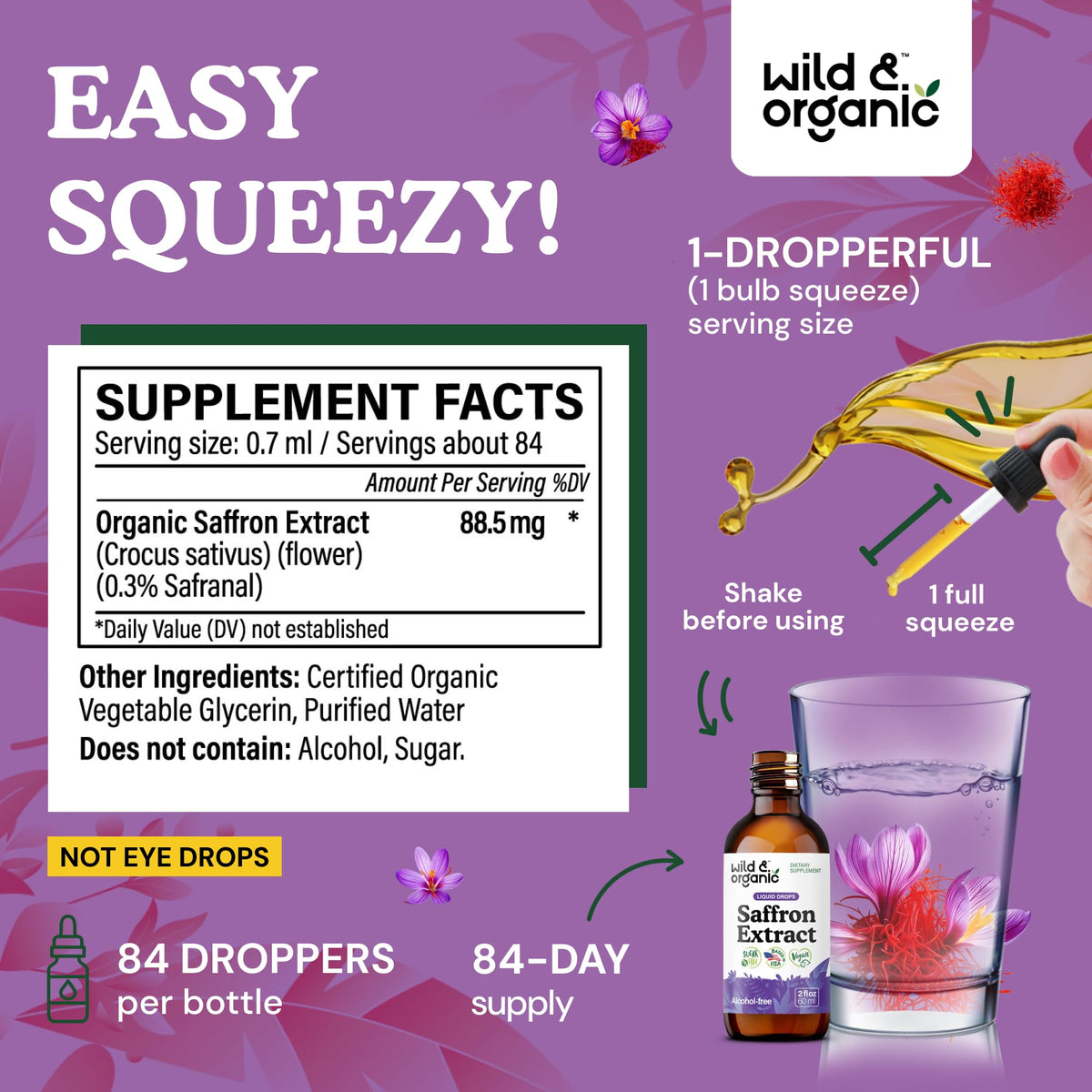 Étiquette du flacon de safran Wild & Organic montrant 88,5 mg par portion