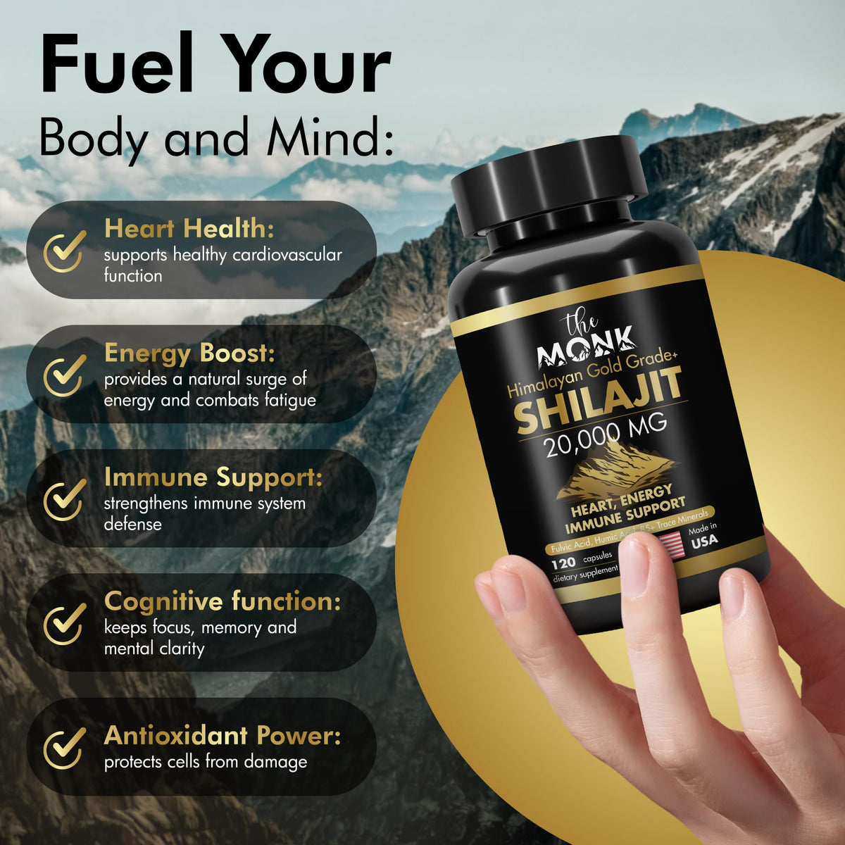 Étiquette du flacon de Shilajit Bio Gold Grade Plus de THE MONK