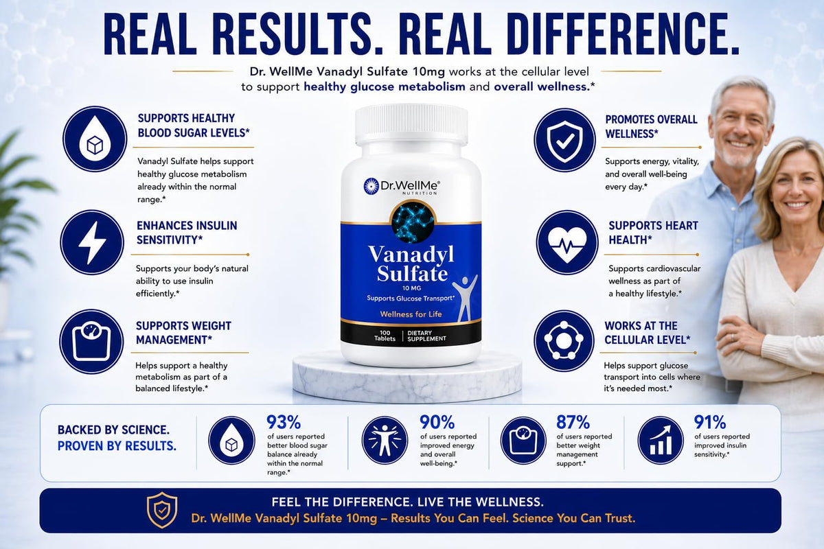 Étiquette du flacon de sulfate de vanadium 10mg de DR WELLME NUTRITION