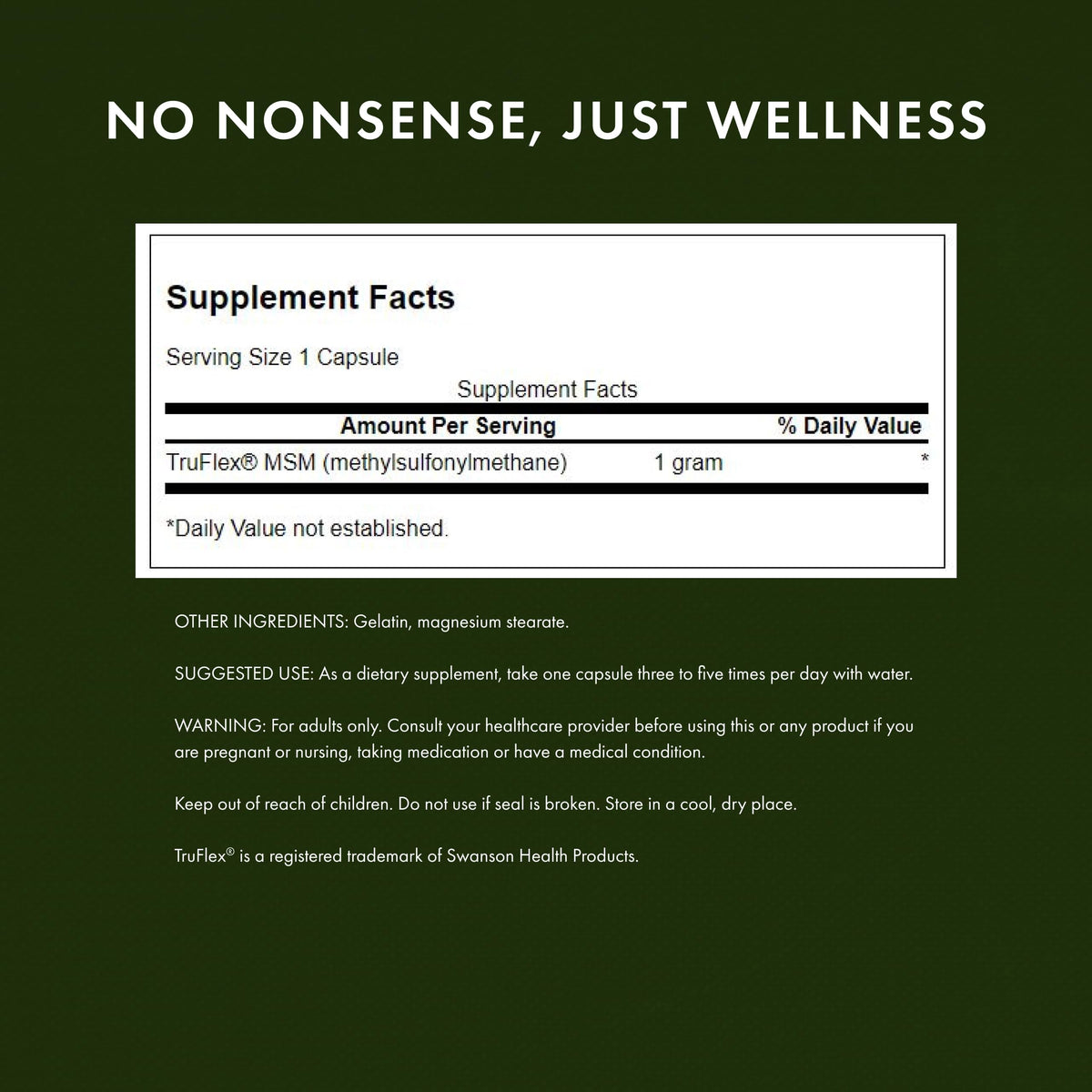 Étiquette du flacon de Swanson MSM 1000 mg