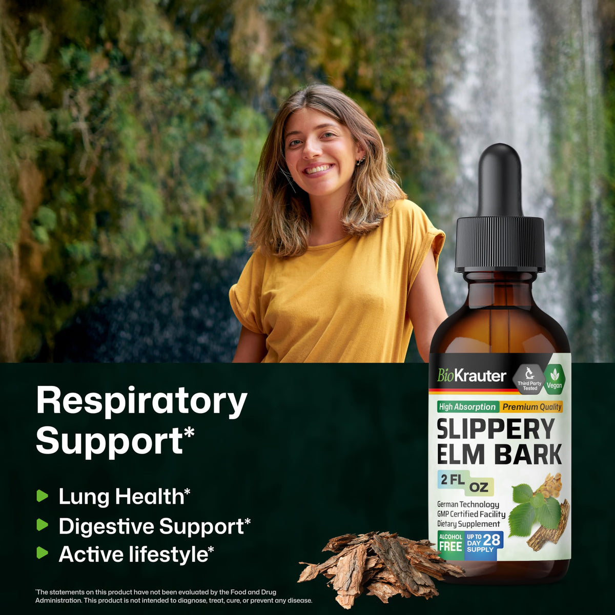 Étiquette du flacon de teinture d'écorce de slippery elm BIO KRAUTER