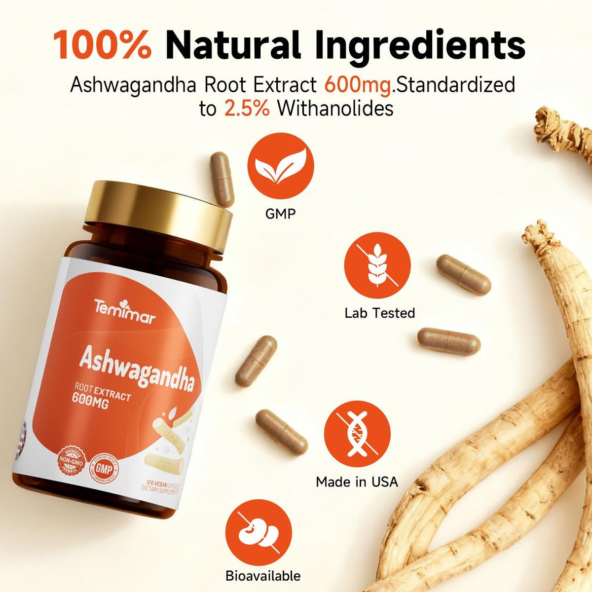 Étiquette du flacon de Temimar Ashwagandha 600mg