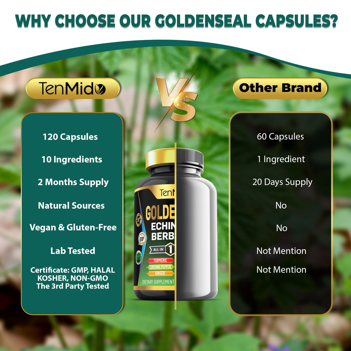 Étiquette du flacon de Tenmido Racine de Goldenseal 120 capsules