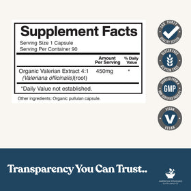 Étiquette du flacon de valériane bio American Standard Supplements