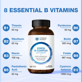 Étiquette du flacon de Vitamin World B-Complex avec ingrédients