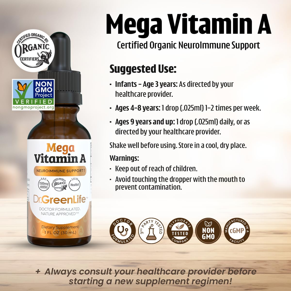 Étiquette du flacon de vitamine A Dr. Green Mom