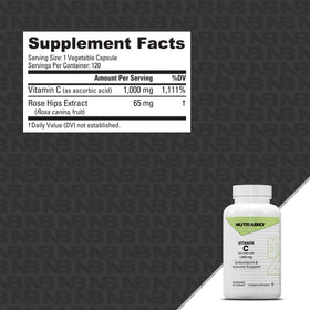 Étiquette du flacon de Vitamine C NutraBio 1000mg