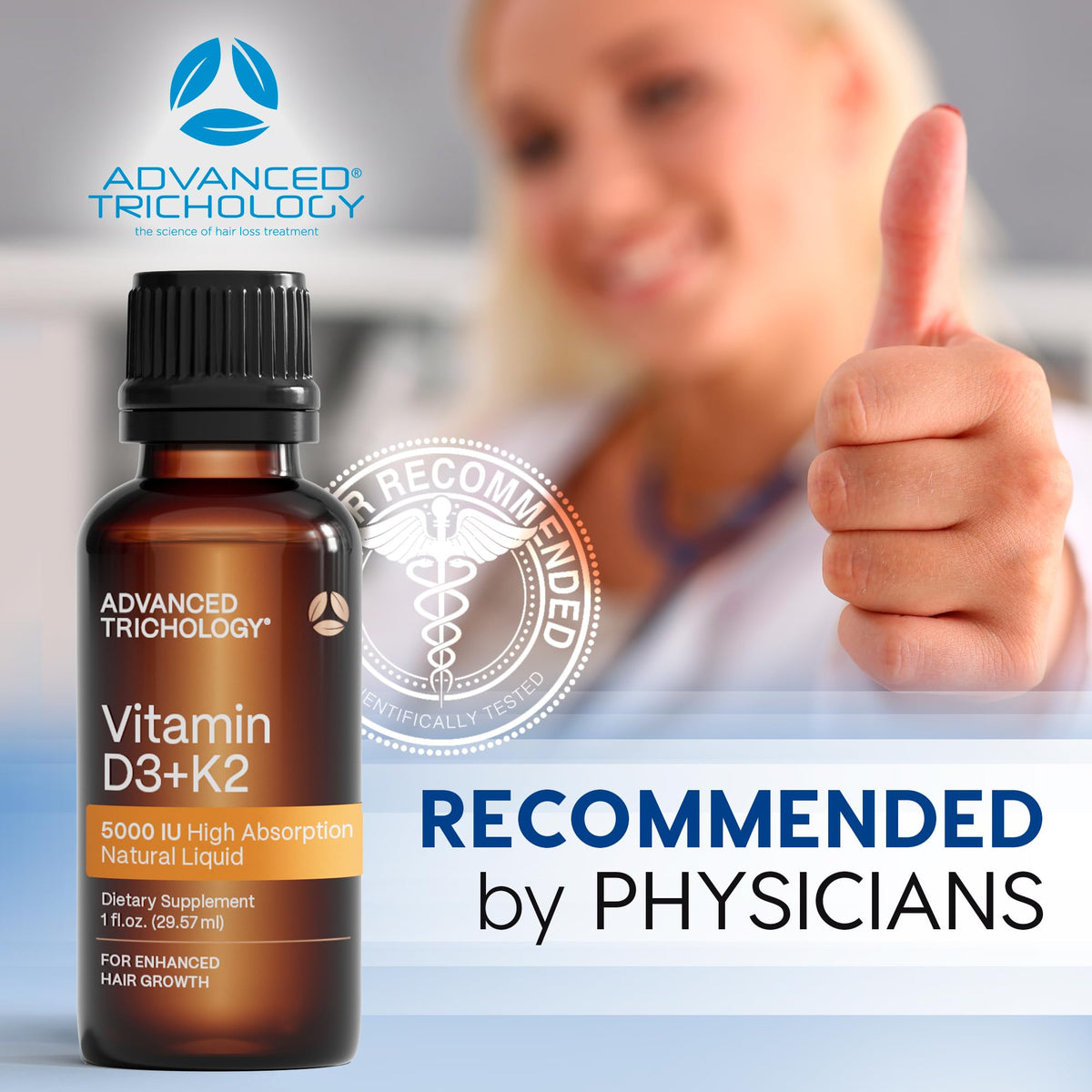 Étiquette du flacon de Vitamine D3 + K2 Advanced Trichology, informations nutritionnelles