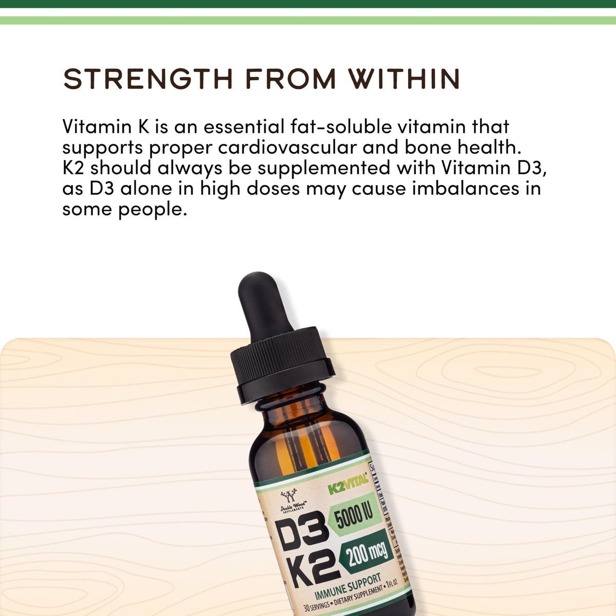 Étiquette du flacon de vitamine D3 + K2 Double Wood