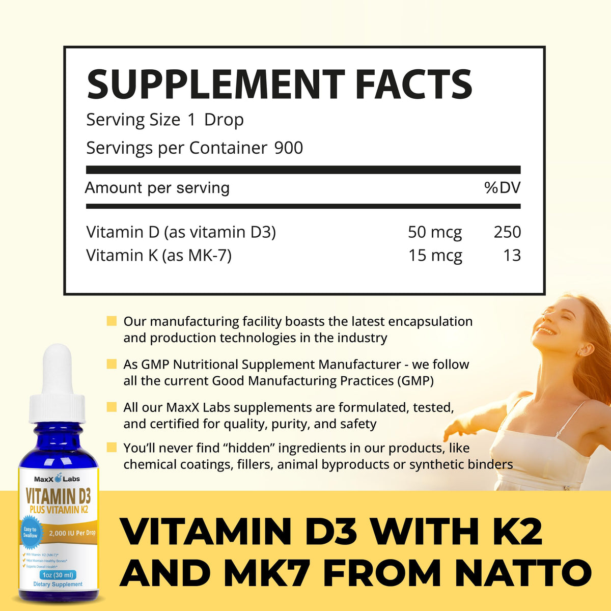Étiquette du flacon de Vitamine D3 K2 MaxX Labs