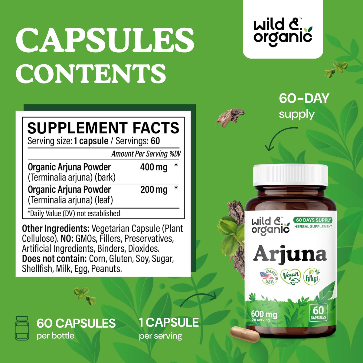 Étiquette du flacon de Wild & Organic Arjuna 400 mg