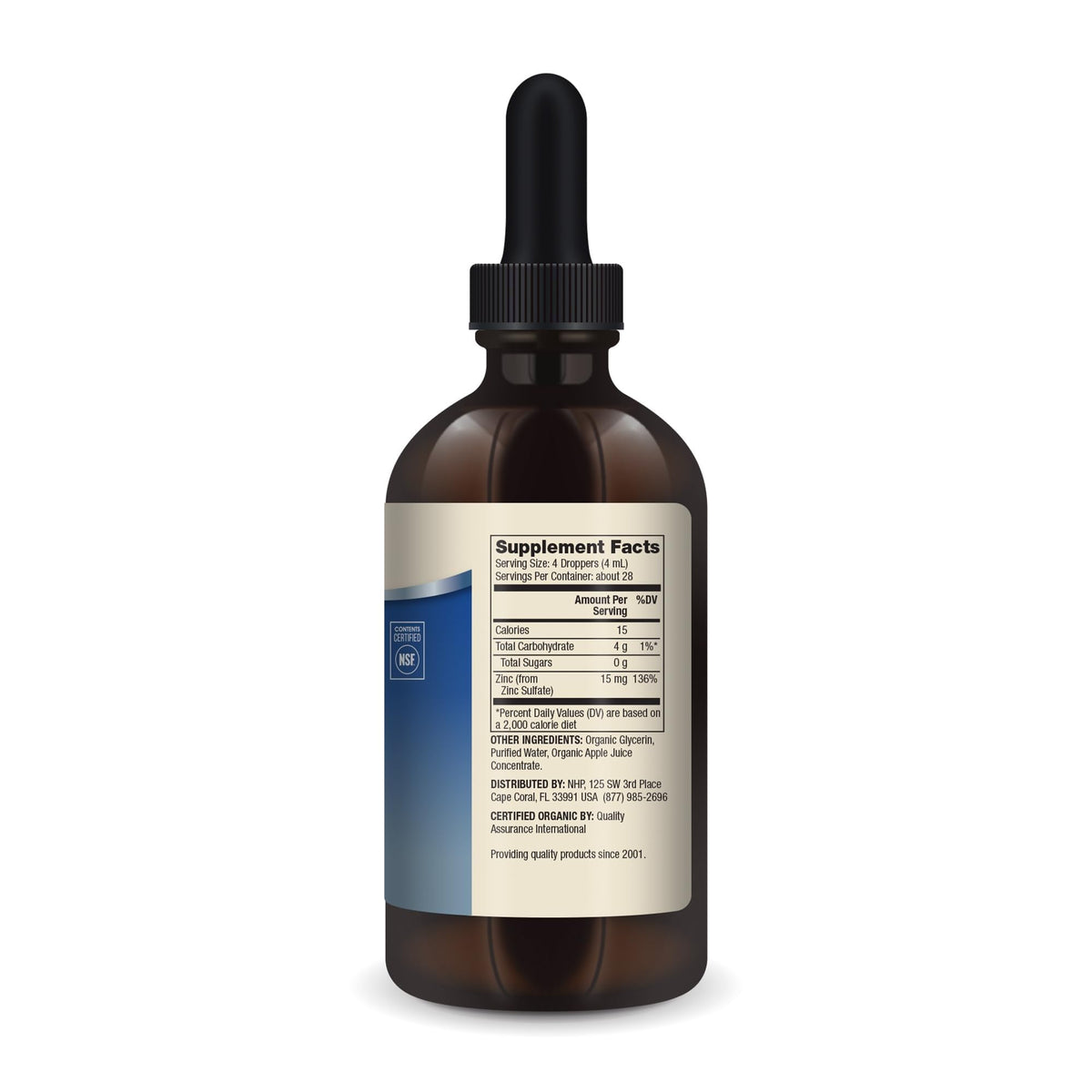 Étiquette du flacon de zinc liquide Dr. Mercola avec ingrédients