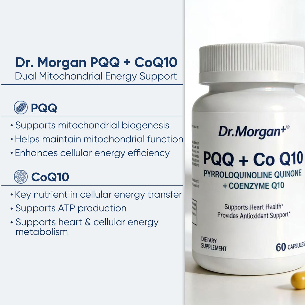 Étiquette du flacon DR.MORGAN PQQ 25mg et CoQ10 100mg