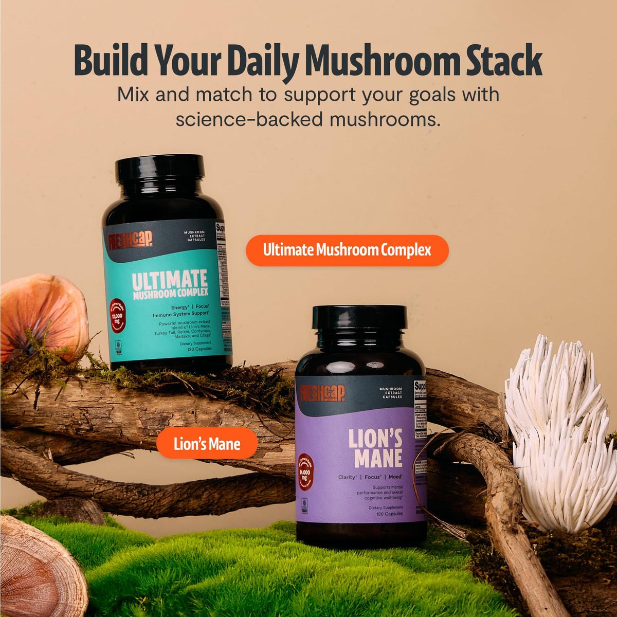 Étiquette du flacon FreshCap Mushrooms avec certifications biologiques
