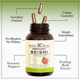Étiquette du flacon Herbal Roots champignon Reishi bio