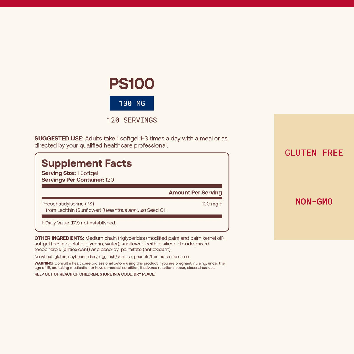 Étiquette du flacon Jarrow Formulas PS100 Phosphatidylserine 100mg
