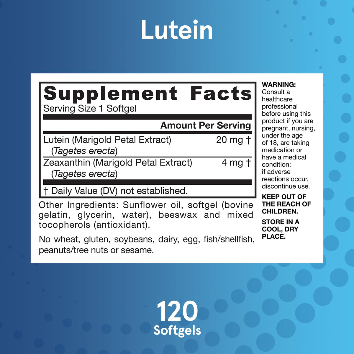 Étiquette du flacon Jarrow Lutein 20 mg avec Zeaxanthin