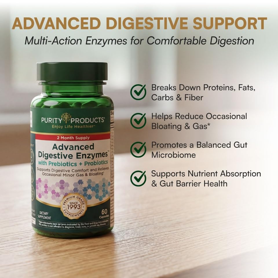 Étiquette du flacon Multi-Enzymes Purity Products avec informations nutritionnelles