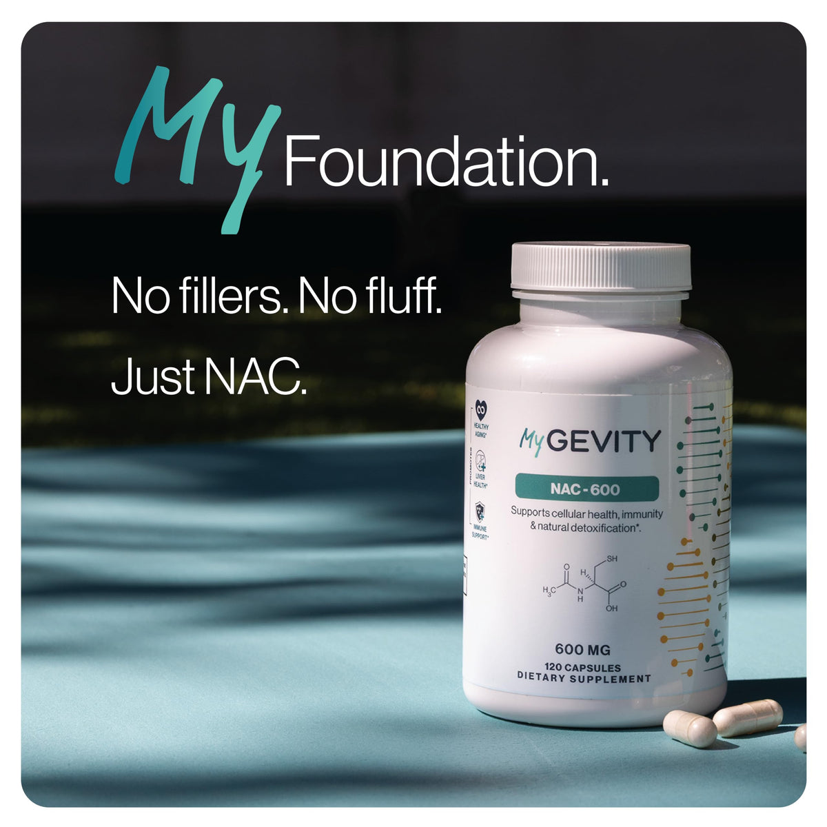 Étiquette du flacon MyGevity NAC 600mg Capsules Vegan