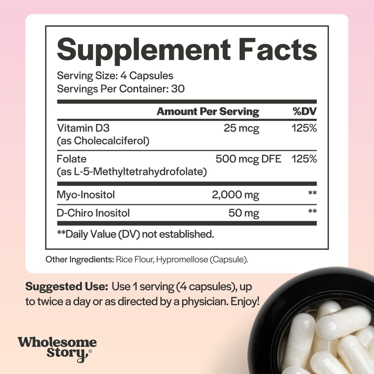 Étiquette du flacon Myo-Inositol et D-Chiro Inositol de Wholesome Story