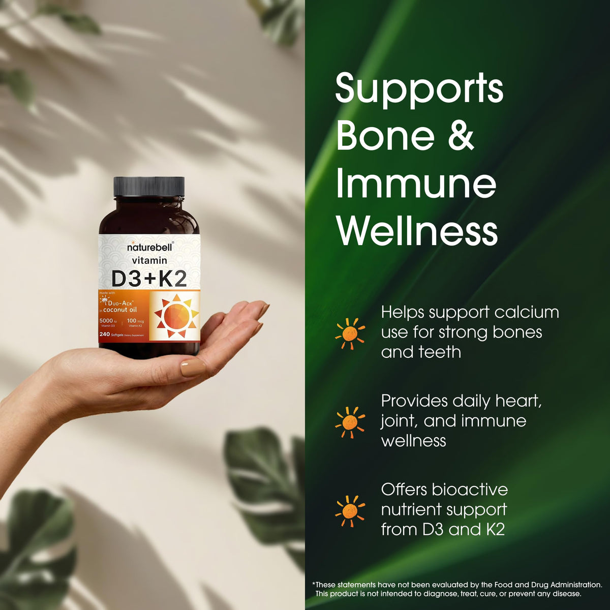 Étiquette du flacon NatureBell Vitamine D3 5000 IU et K2 100 mcg