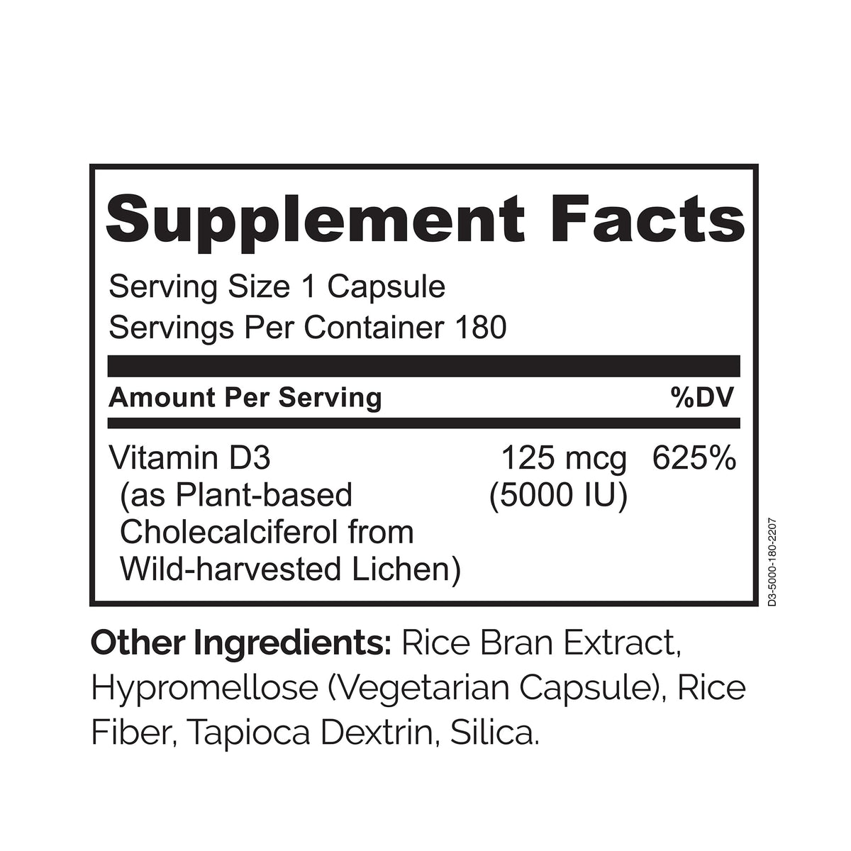 Étiquette du flacon NATURELO Vitamine D3 Végétale 5000 IU