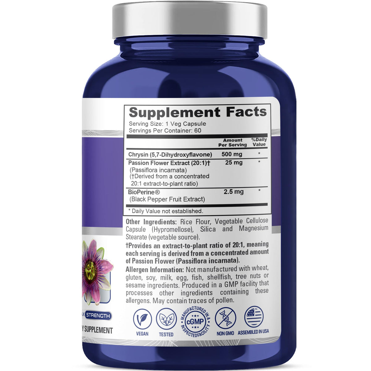 Étiquette du flacon NusaPure Chrysin 500 mg